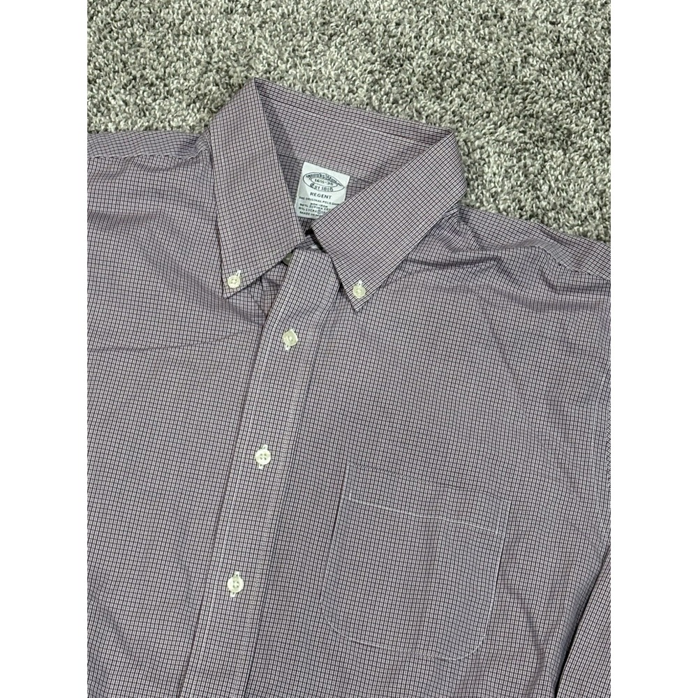 Brooks Brothers Regent Fit Non-Iron Shirt Mens 16.5 35 Burgundy Check Cotton